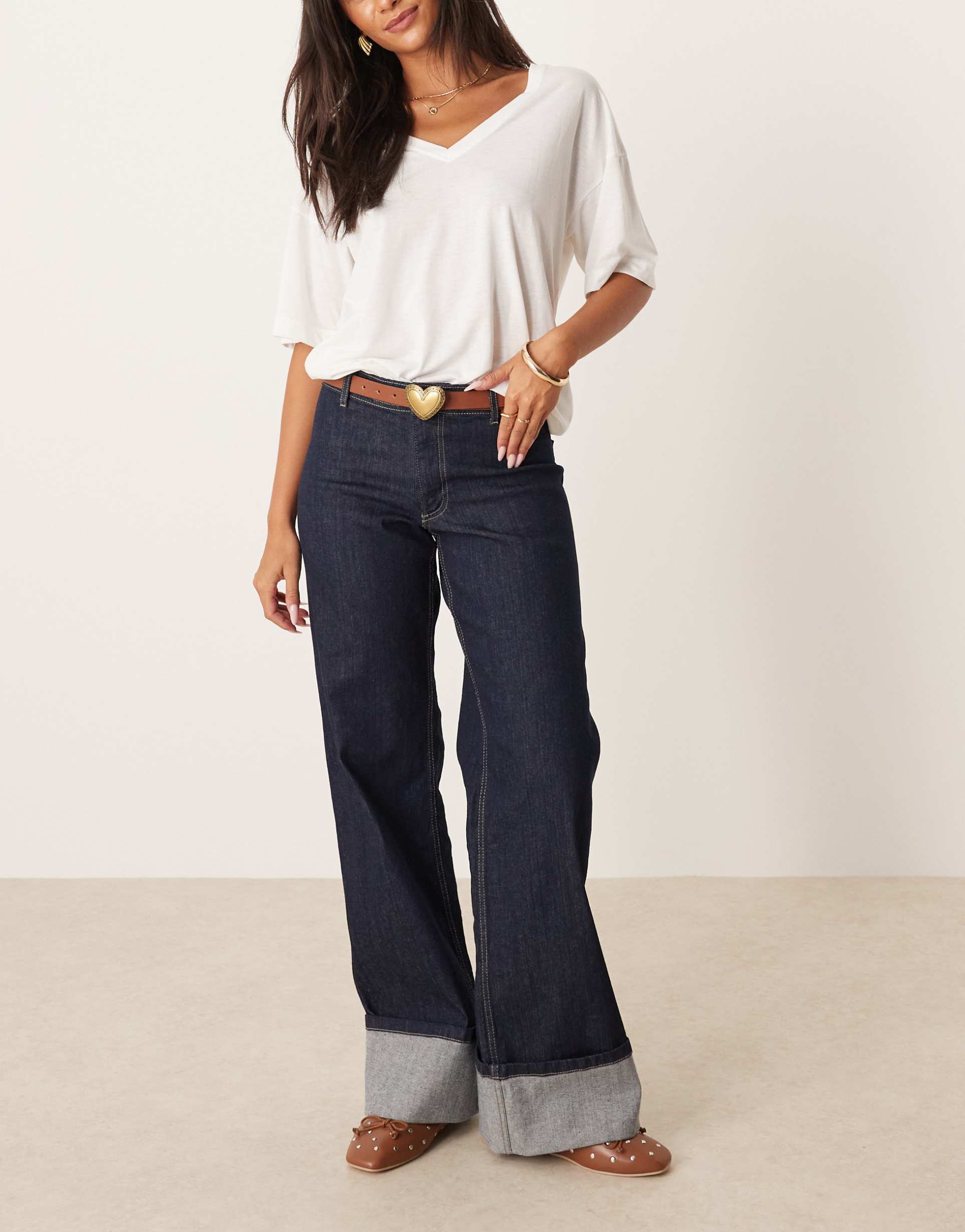 jdy mid waist wide leg turn-up hem jeans in dark blue