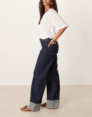 Jdy Mid Waist Wide Leg Turn-up Hem Jeans In Blue