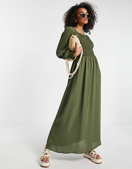 JDY midaxi dress with shirred bodice and puff sleeves in khaki