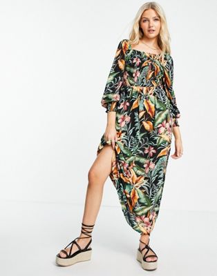 JDY midaxi dress with shirred bodice and puff sleeves in tropical print - ASOS Price Checker