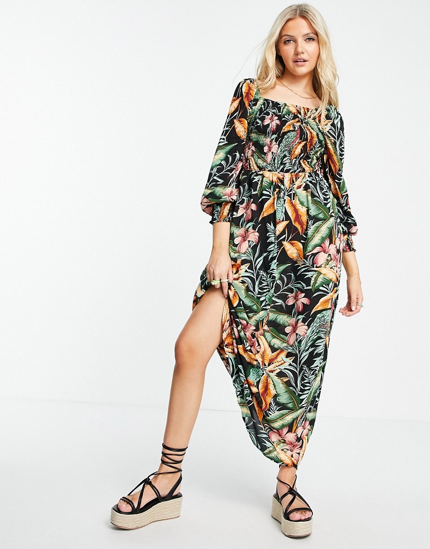 JDY midaxi dress with shirred bodice and puff sleeves in tropical print-Multi
