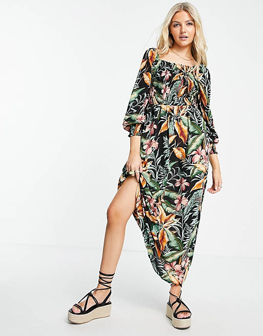JDY midaxi dress with shirred bodice and puff sleeves in tropical print