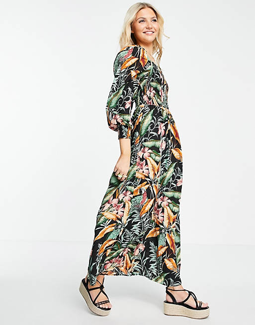  JDY midaxi dress with shirred bodice and puff sleeves in tropical print 