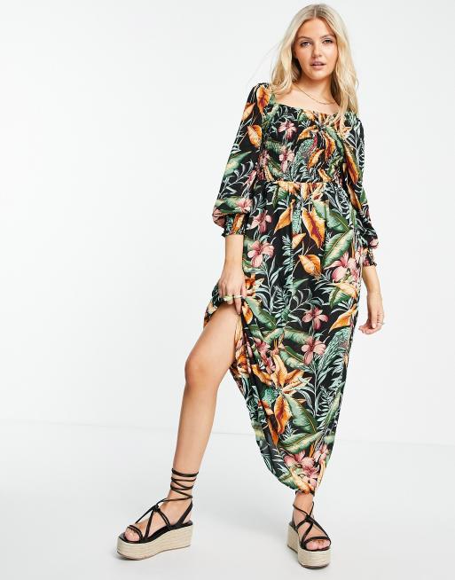 JDY midaxi dress with shirred bodice and puffed sleeves in tropical ...