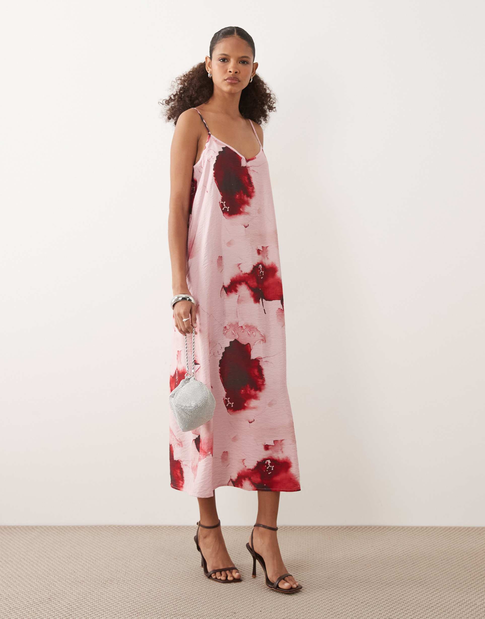 jdy midi cami dress in pink with floral print