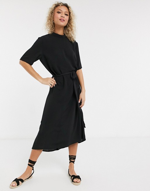 JDY midi dress with high neck and tie waist in black