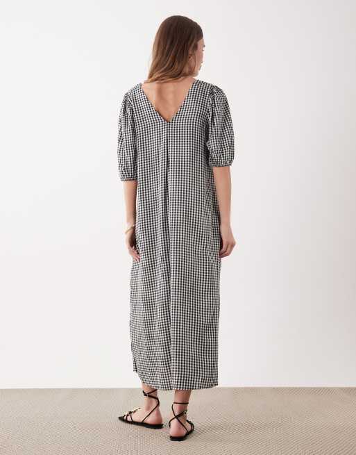 JDY - Midi jurk met V-hals en pofmouwen in zwarte gingham ruit, 2 van 4