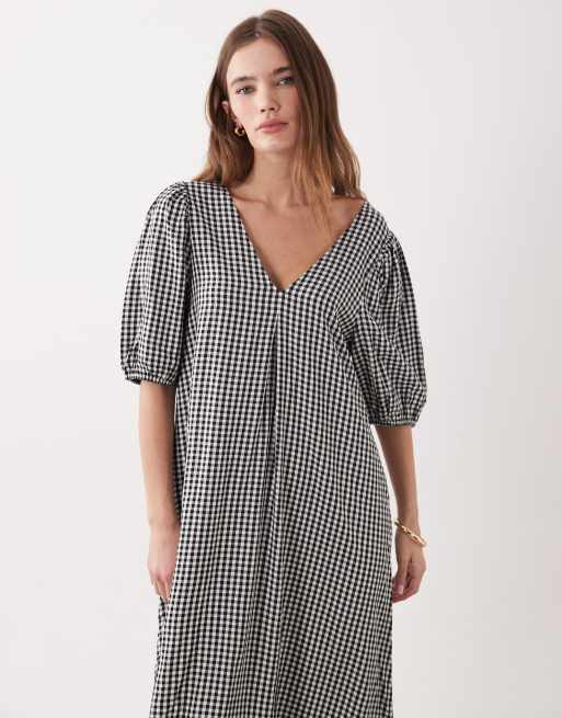 JDY - Midi jurk met V-hals en pofmouwen in zwarte gingham ruit, 3 van 4