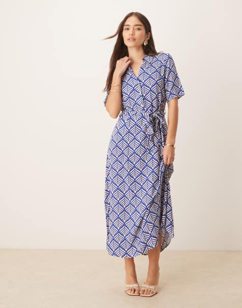 JDY - Midi overhemdjurk met gestrikte taille in blauwe print - view 1