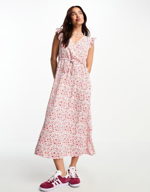 JDY – Midi-Wickelkleid mit Blumenmuster in Rot und Rosa und Rüschenverzierung