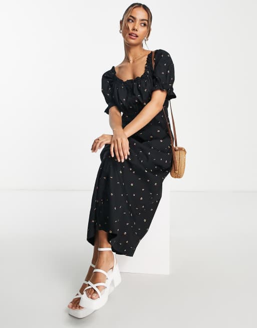 JDY milkmaid midi dress in black cherry print | ASOS