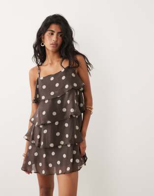 JDY mini cami dress with ruffle layers in brown polka dot print 