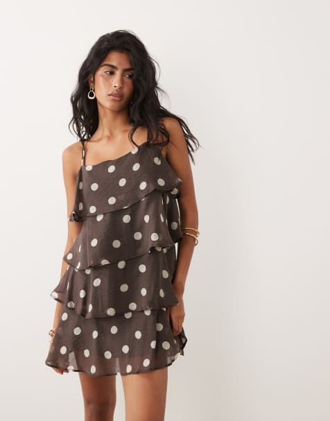 JDY mini cami dress with ruffle layers in brown polka dot print - view 1