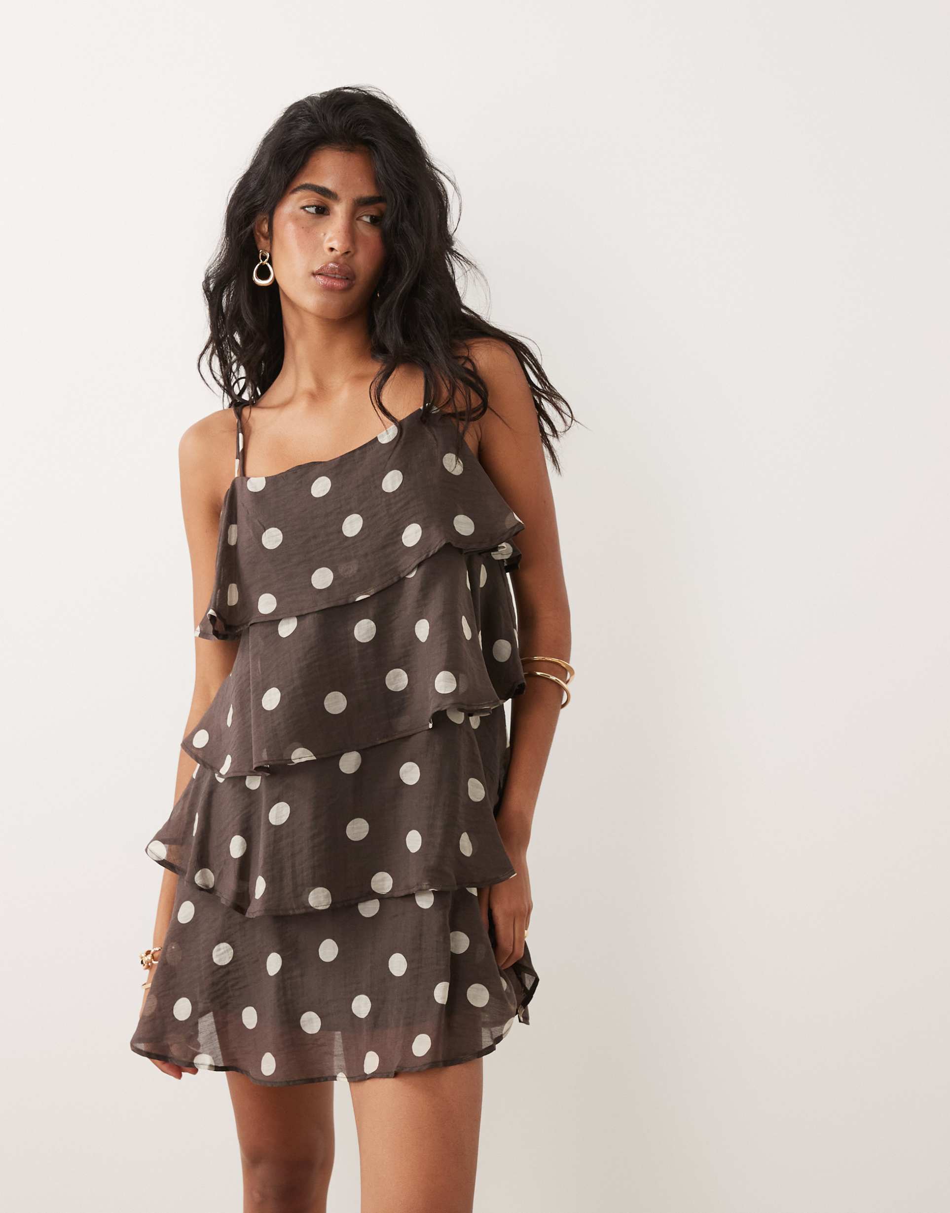 jdy mini cami dress with ruffle layers in brown polka dot print