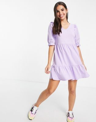 JDY mini dress with poplin sleeves and frill detail in lilac