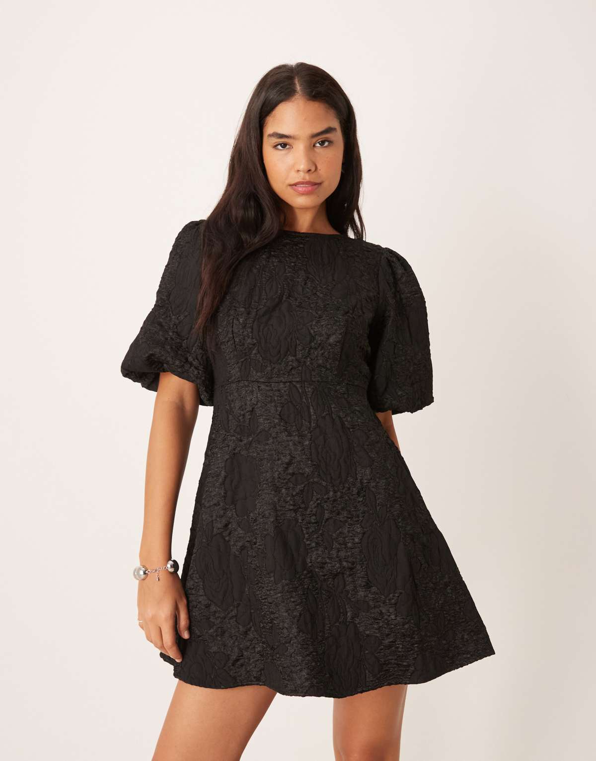 JDY mini dress with puff sleeves and bow back in black jacquard