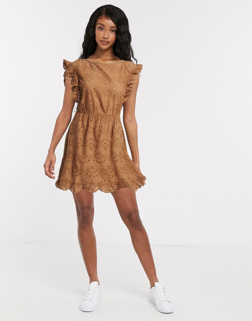 JDY mini eyelet dress with ruffle trims in brown
