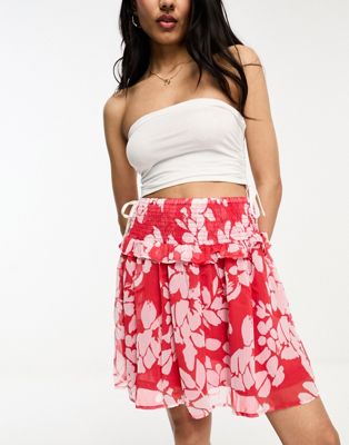 JDY frill detail mini skirt in red and pink floral - ASOS Price Checker