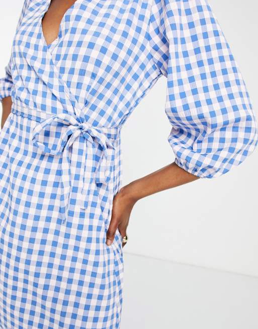 JDY - Mini jurk met gingham ruit, overslag en gestrikte taille in blauw, 4 van 4