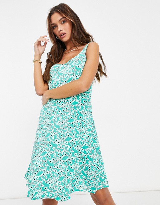 JDY mini skater dress with shirred back detail in mint green daisy print