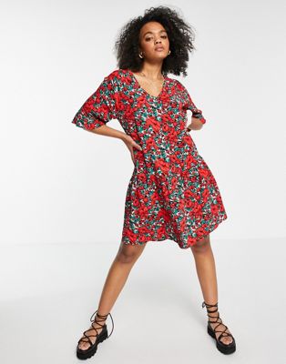 JDY mini smock dress with flutter sleeves in red floral print-Multi