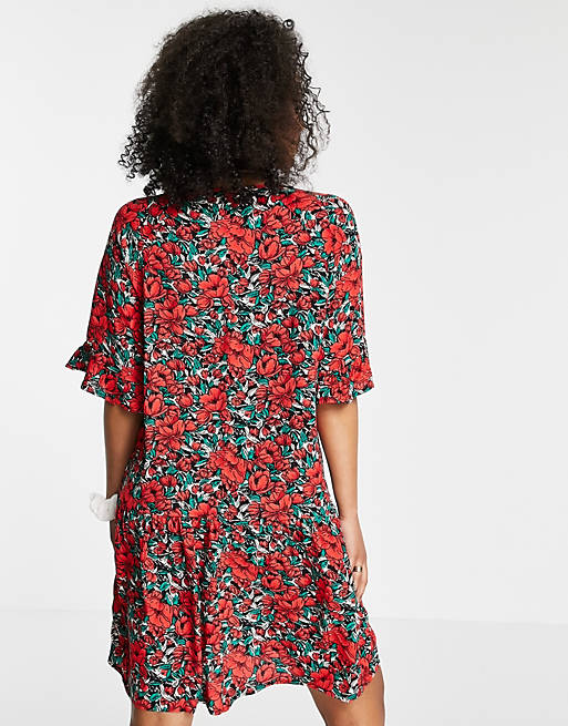  JDY mini smock dress with flutter sleeves in red floral print 