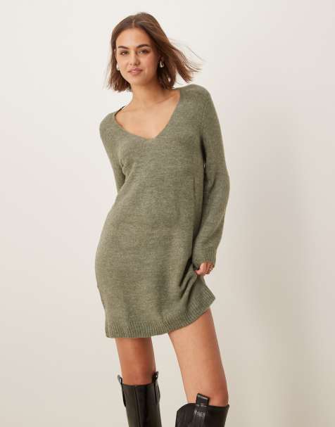 JDY – Mini-Strickkleid in Dunkelgrün mit V-Ausschnitt - view 1
