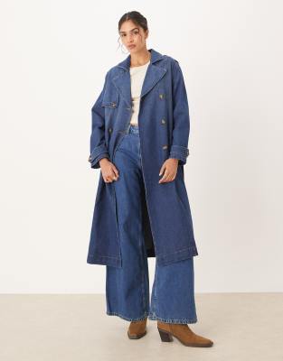 JDY - Mittellanger Trenchcoat aus dunkelblauem Denim mit Bindegürtel
