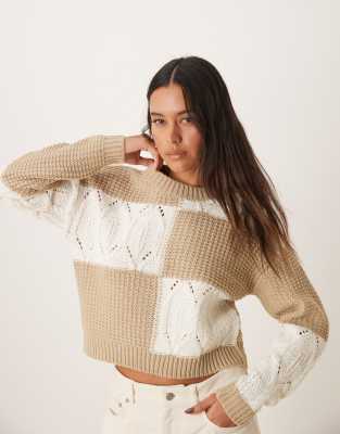 mix structured sweater in white and beige-Green