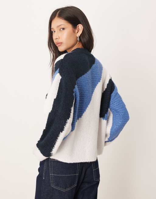 JDY mixed color block sweater in blue and black, 4 of 4