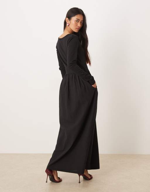 JDY mixed fabrication long sleeve maxi dress in black