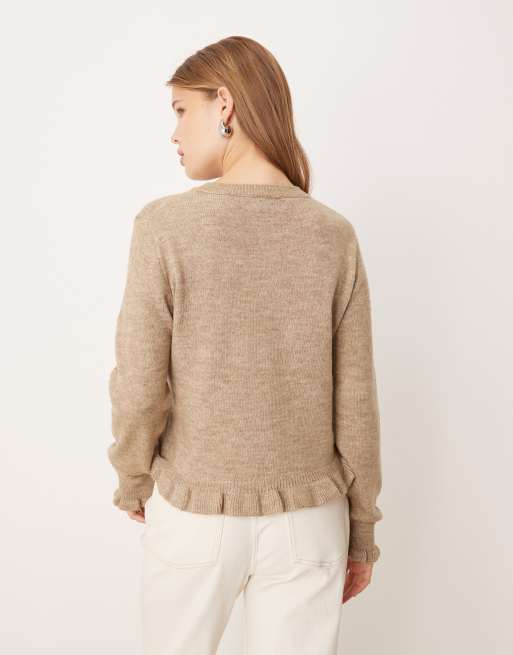 JDY - Mørk beige og strikket cardigan med flæsedetaljer, 4 af 4