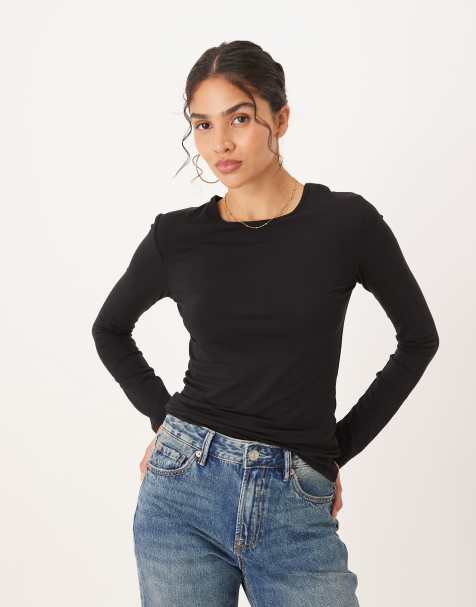 JDY o-neck long sleeve top in black - view 1
