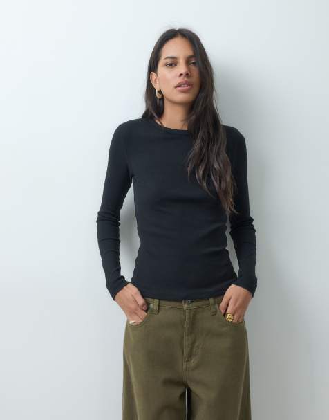 JDY o-neck long sleeve top in black - view 1