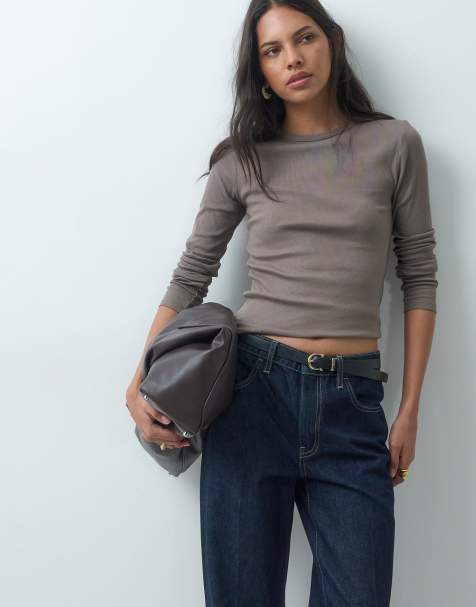 JDY o-neck long sleeve top in light brown - view 1