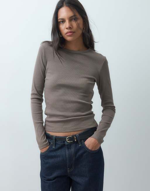 JDY o-neck long sleeve top in light brown, 3 of 4