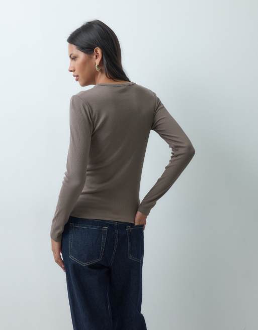 JDY o-neck long sleeve top in light brown, 4 of 4