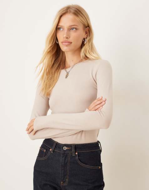JDY o-neck long sleeve top in stone - view 1