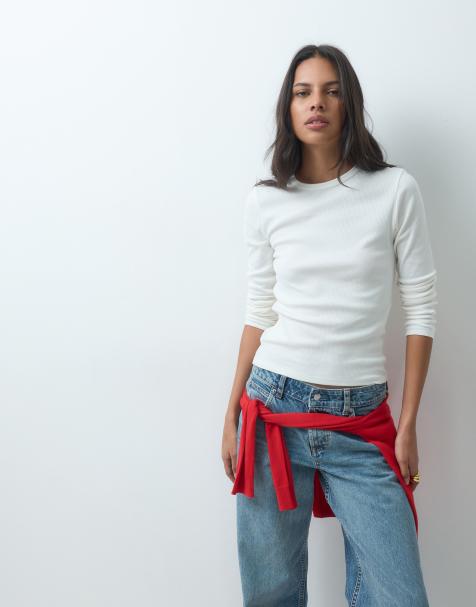JDY o-neck long sleeve top in white - view 1