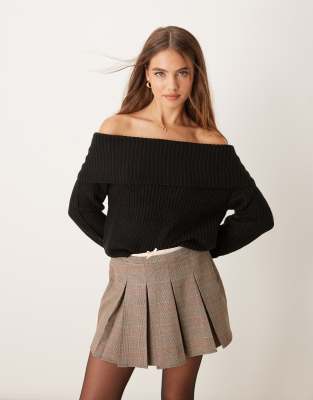 JDY off shoulder ribbed knitted jumper in black