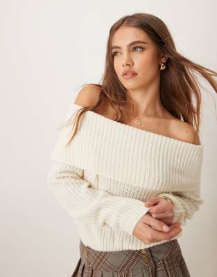 off shoulder ribbed knitted sweater in cream-White