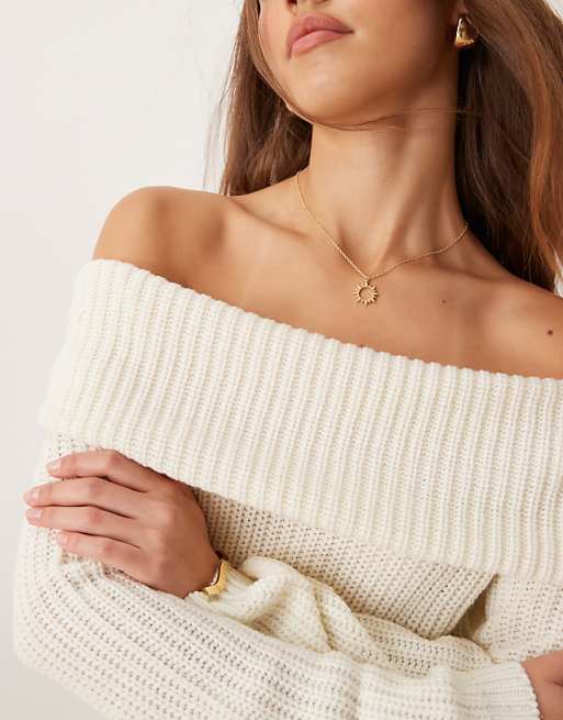 cream off the shoulder sweater dress Meshki - Clover Knit Mini - Thumb holes Snowfall Sweater Dress by Illa