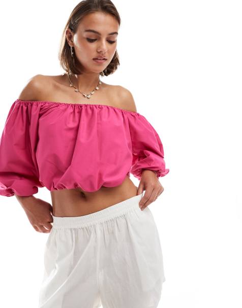 JDY off the shoulder balloon sleeve top in pink - view 1