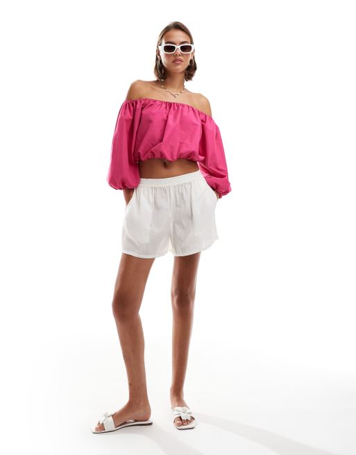 JDY off the shoulder balloon sleeve top in pink | ASOS