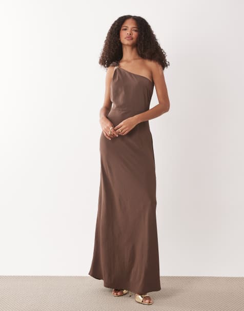 JDY one shoulder maxi dress with gold trim in brown - view 1