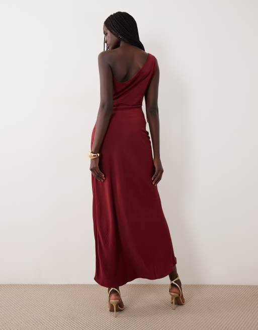 JDY one shoulder maxi dress with gold trim in burgundy, 2 of 4