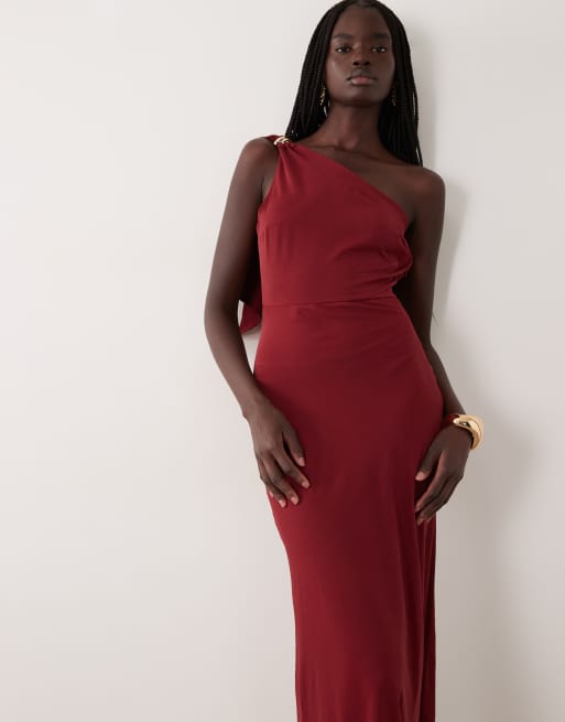 JDY one shoulder maxi dress with gold trim in burgundy, 3 of 4