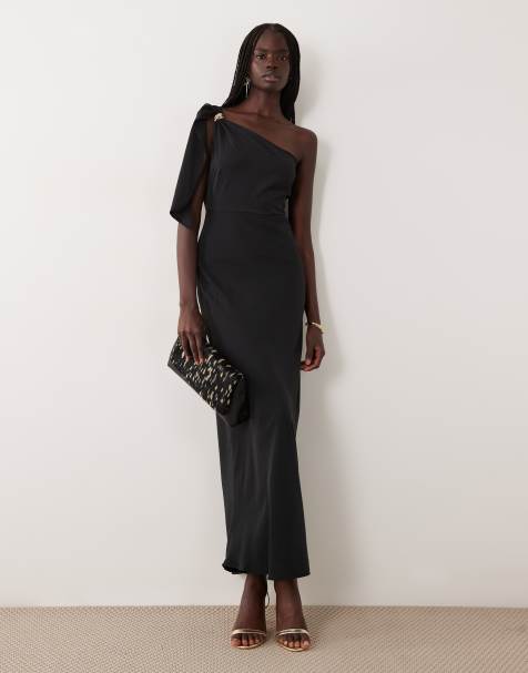 JDY one shoulder maxi dress with gold trim in charcoal