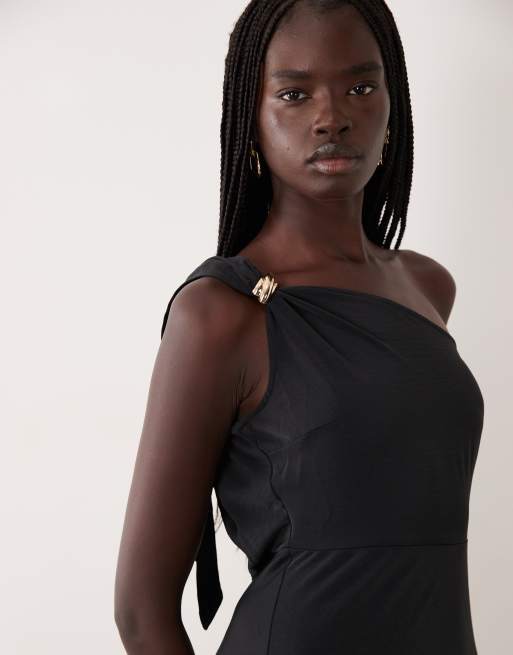JDY one shoulder maxi dress with gold trim in charcoal, 4 of 4
