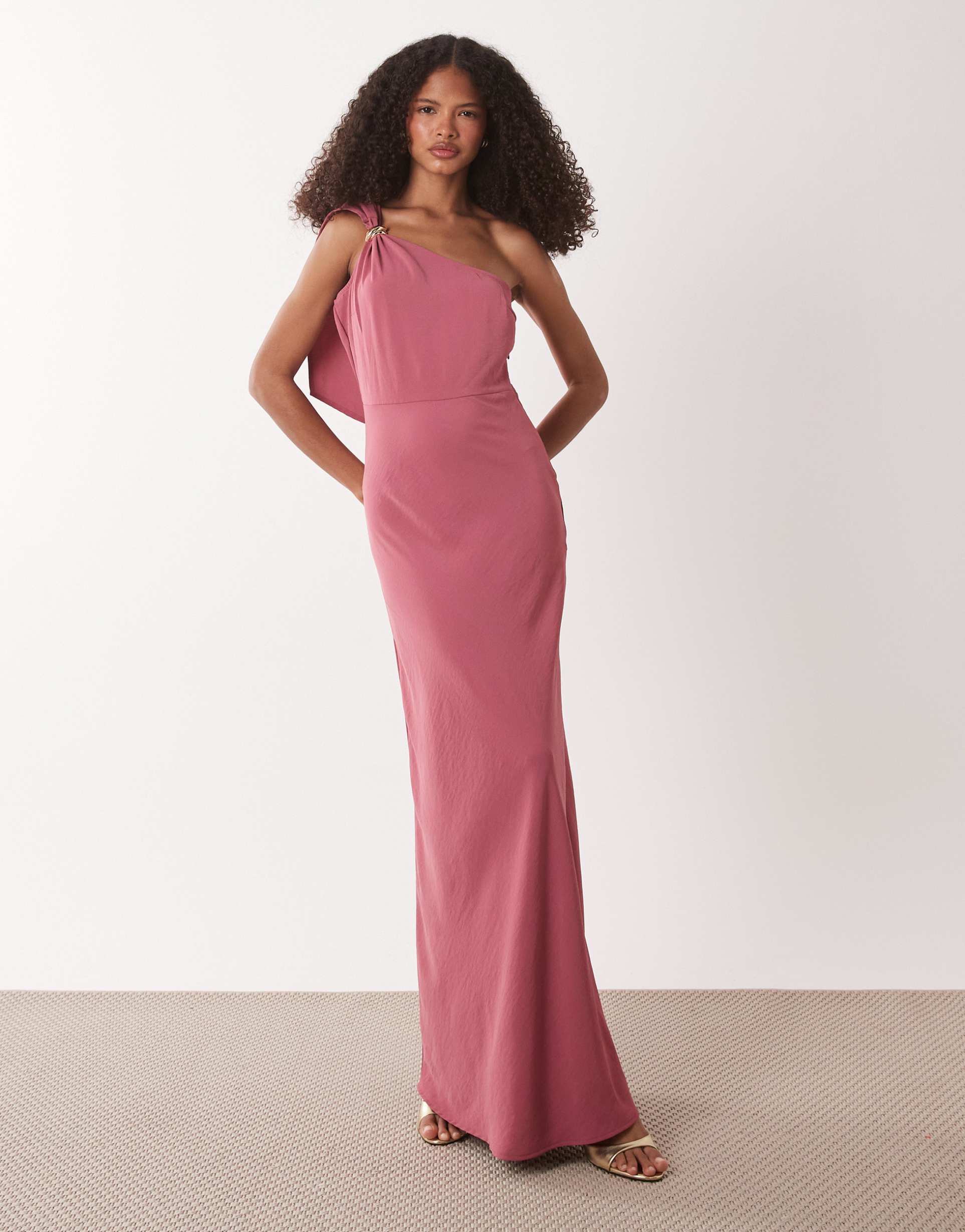 jdy one shoulder maxi dress with gold trim in dusty pink